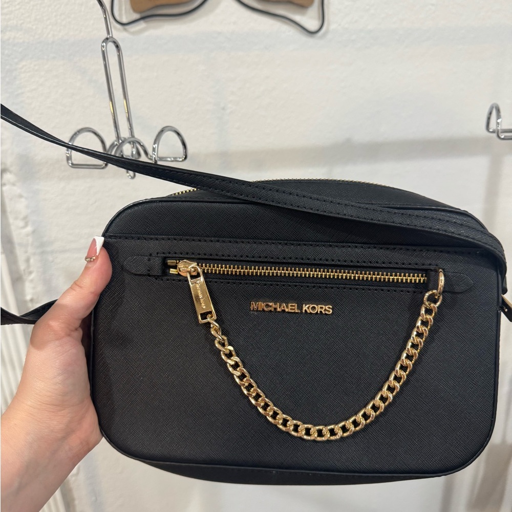 Michael Kors Black and Gold Crossbody Bag with Chain Detail